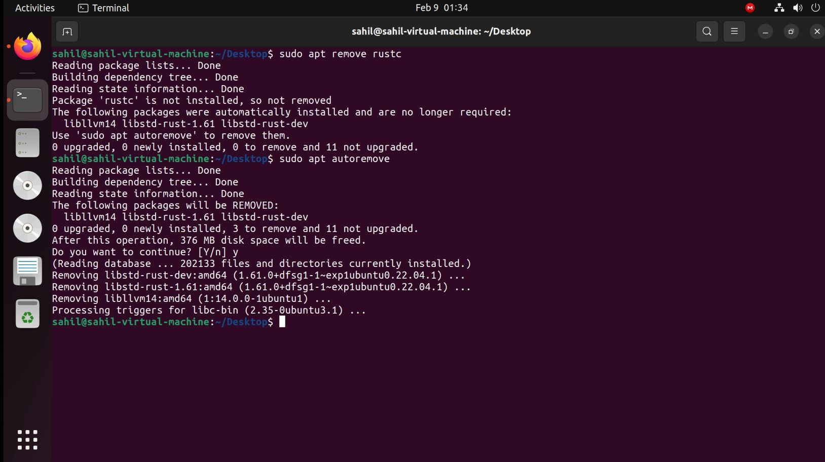 Команда apt для удаления пакета rustc в Ubuntu