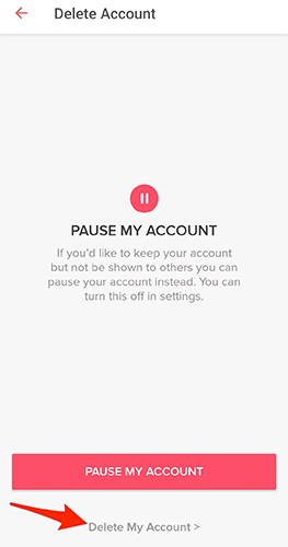 Нажмите Удалить мой аккаунт на странице удаления в приложении Tinder.