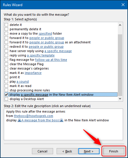 Кнопка «Finish» в мастере правил.
