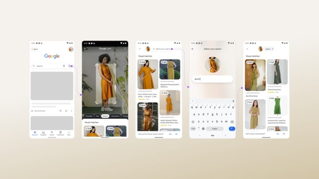 Поиск одежды через Google Lens — снимок с телефона и результаты поиска