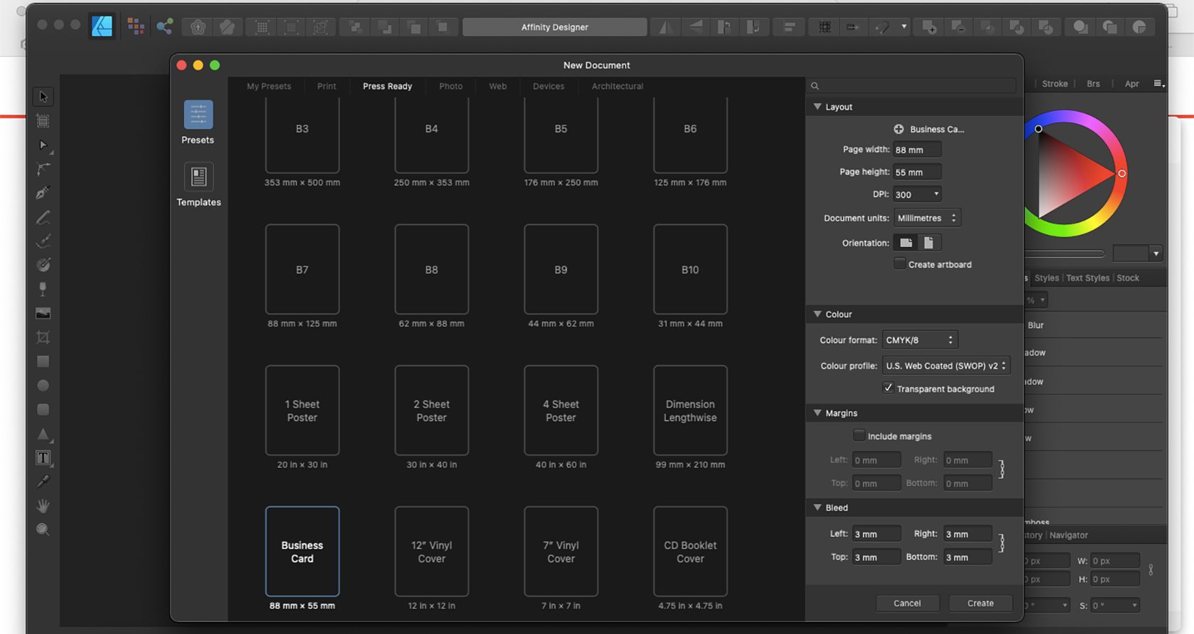 Меню создания нового документа в Affinity Designer.