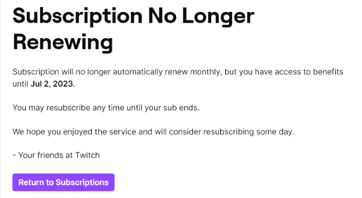 Подписка отменена на веб‑сайте Twitch.