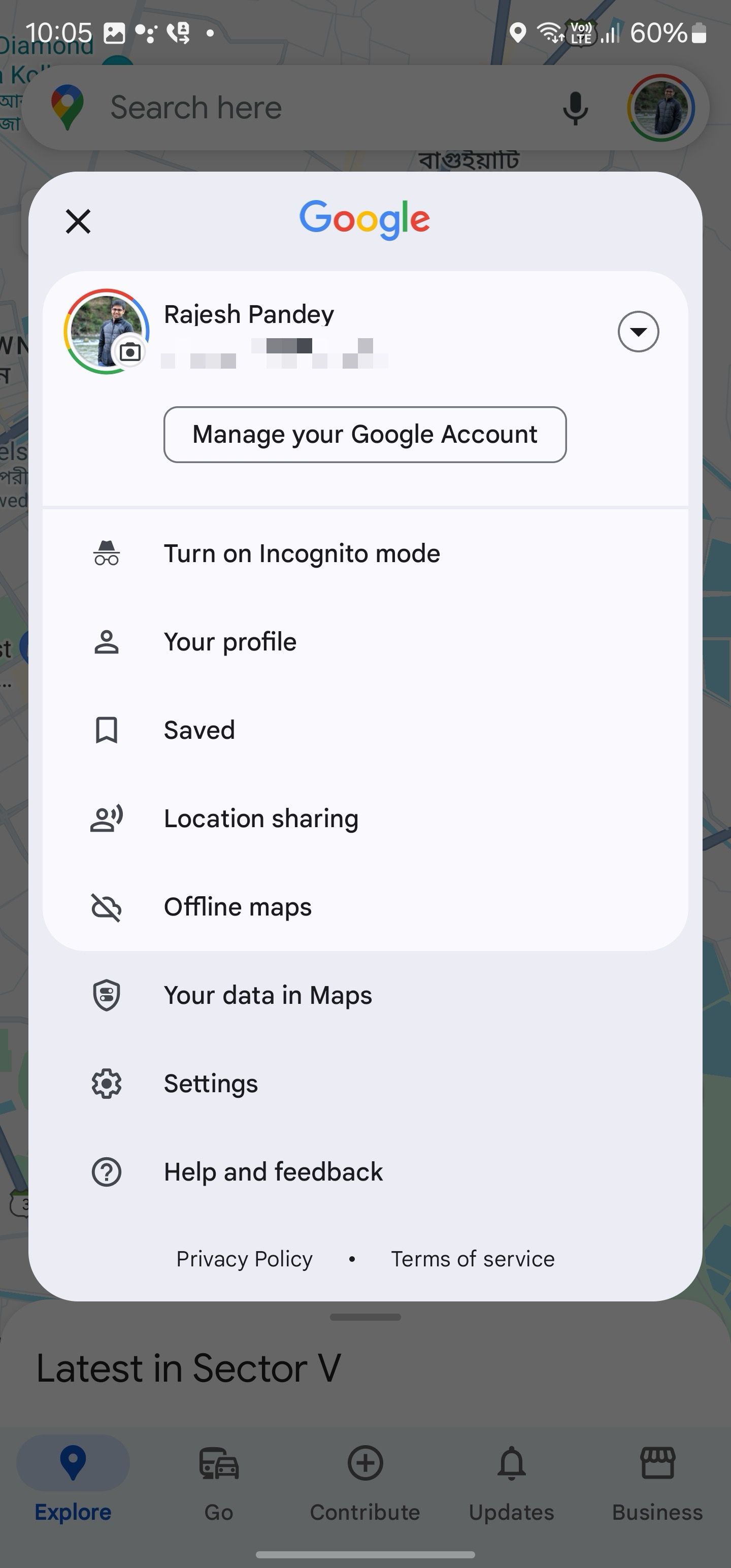 Google Maps для Android: меню профиля раскрыто.