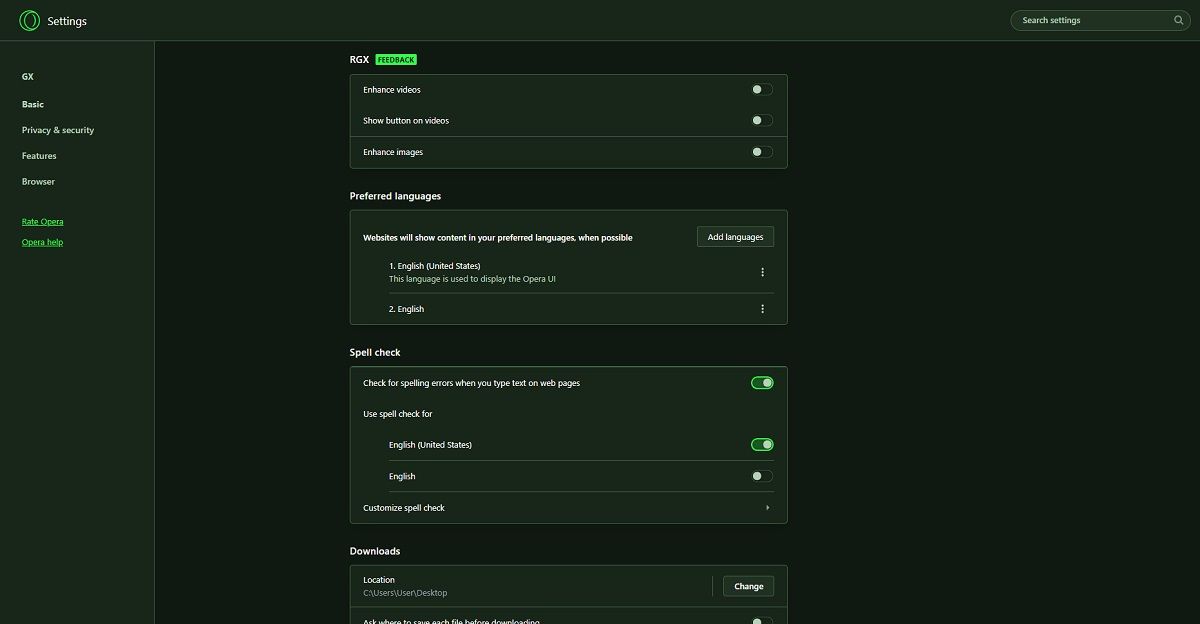 RGX Mode отключён в настройках Opera GX