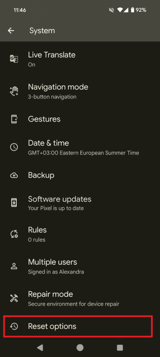 Выбор «Параметры сброса» в настройках Android.