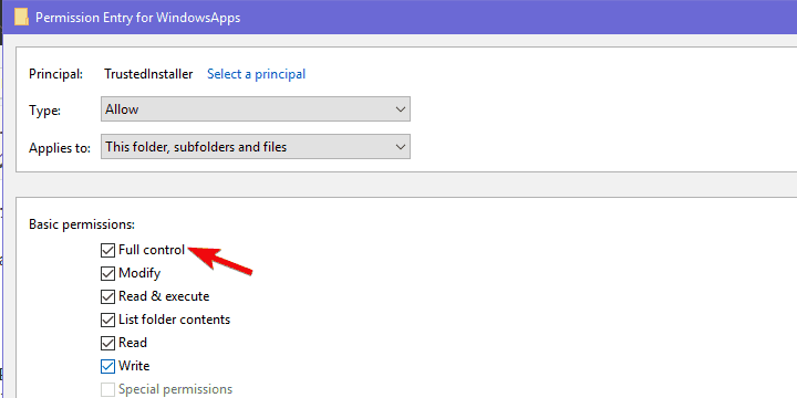 Настройка полномочий: предоставление полного доступа к папке WindowsApps