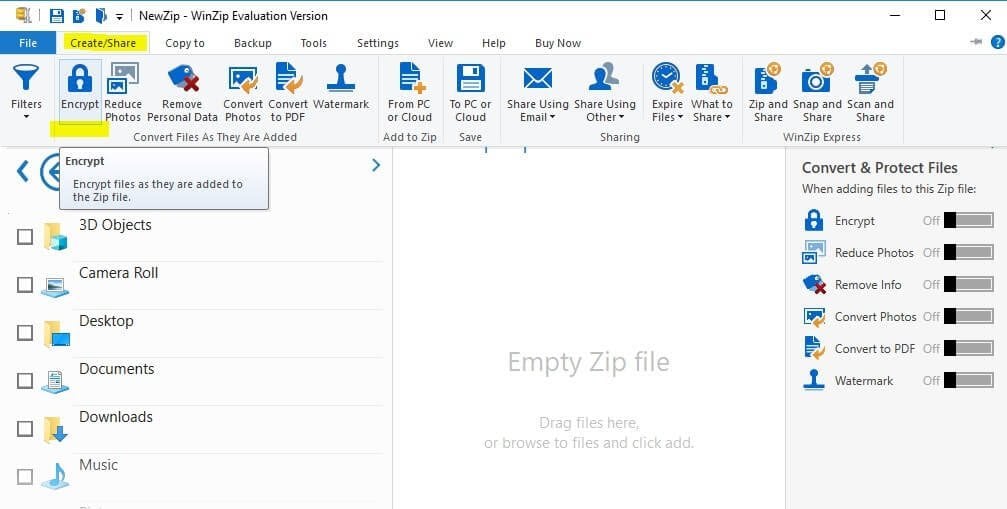 Interfaz de WinZip mostrando el panel para crear ZIP cifrado