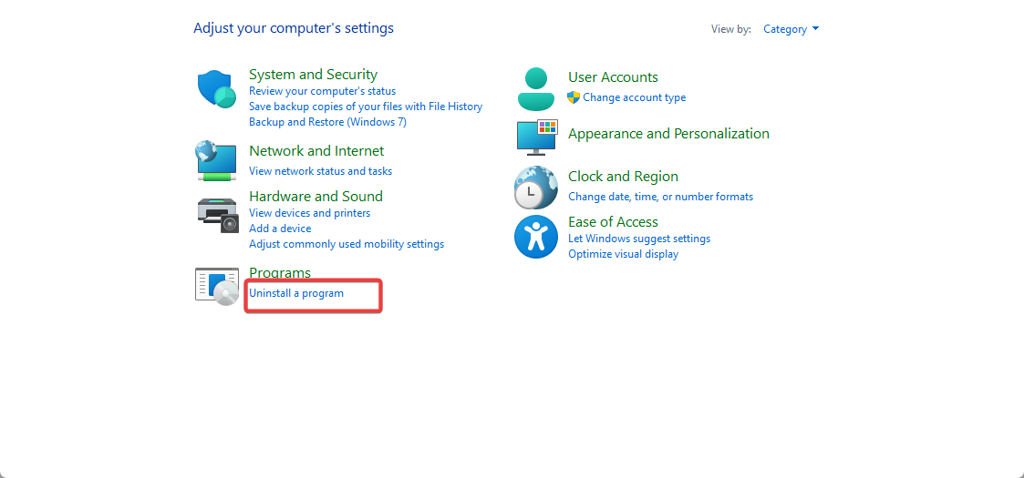 Панель управления — Удаление программ