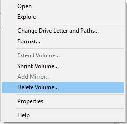 Удаление тома в Управлении дисками