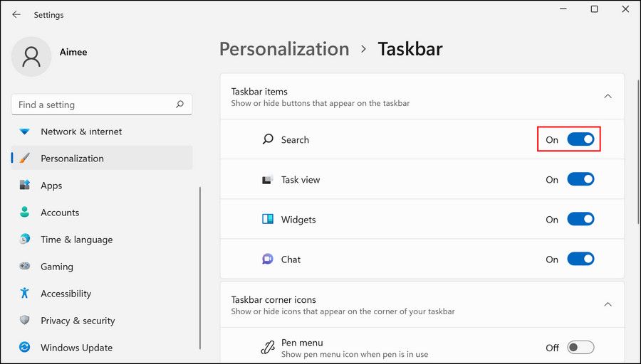 Переключатель 'Поиск' в настройках Windows 11