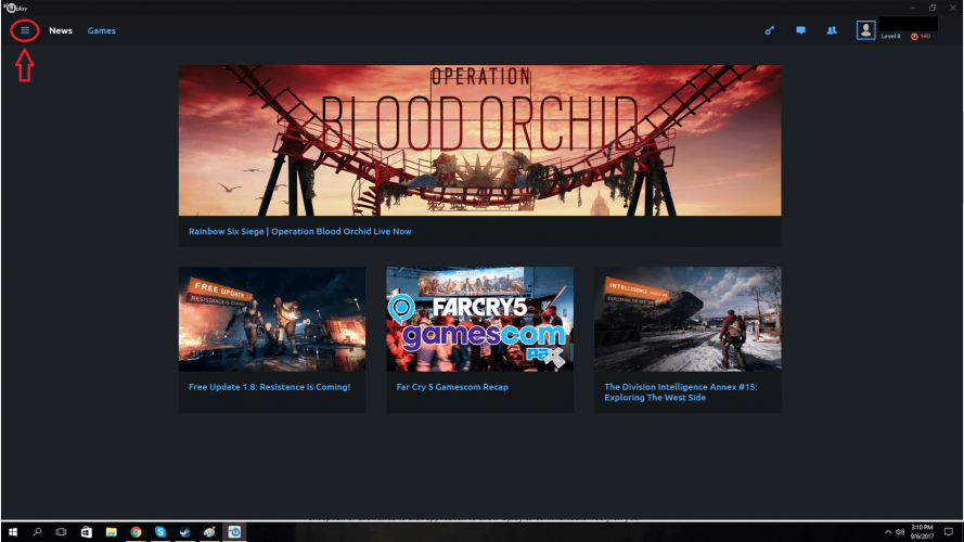 Меню Uplay в правом верхнем углу окна клиента