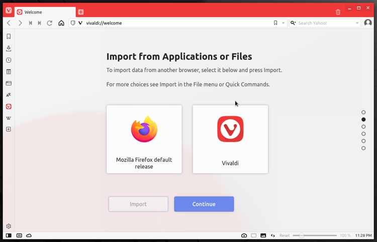 Импорт данных в Vivaldi — окно импортирования