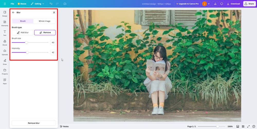 Панель с инструментами размытия