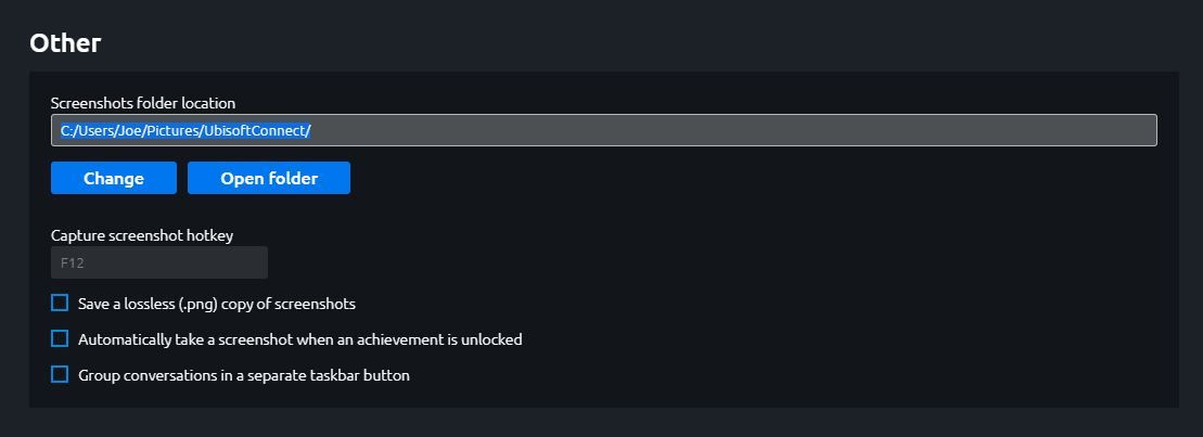 Настройки скриншотов в Ubisoft Connect (окно настроек)