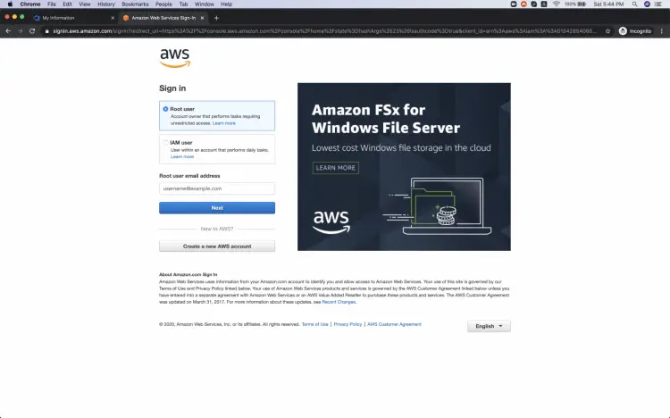 Форма входа в AWS Console