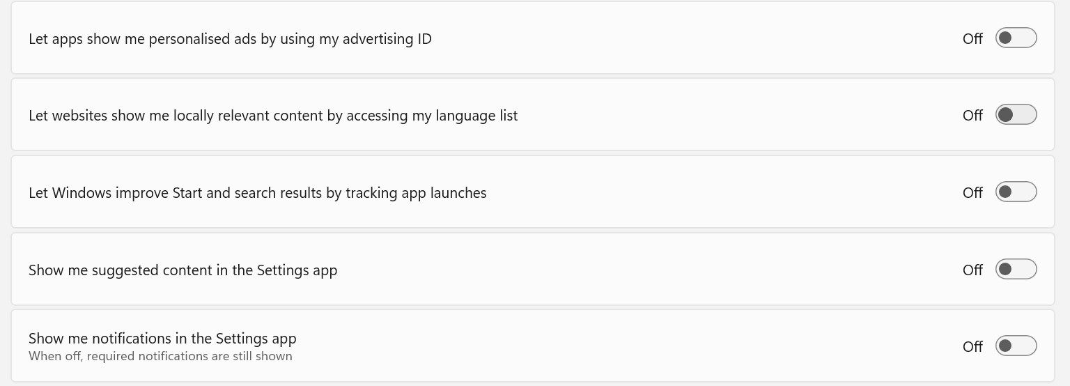Отключение всех общих параметров конфиденциальности в Параметрах.