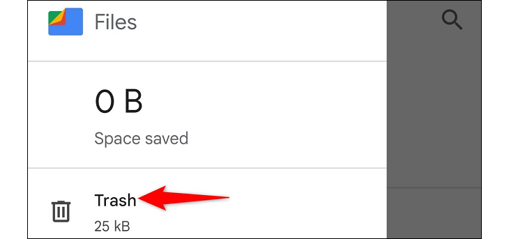 Стрелка у раздела «Корзина» в Files by Google
