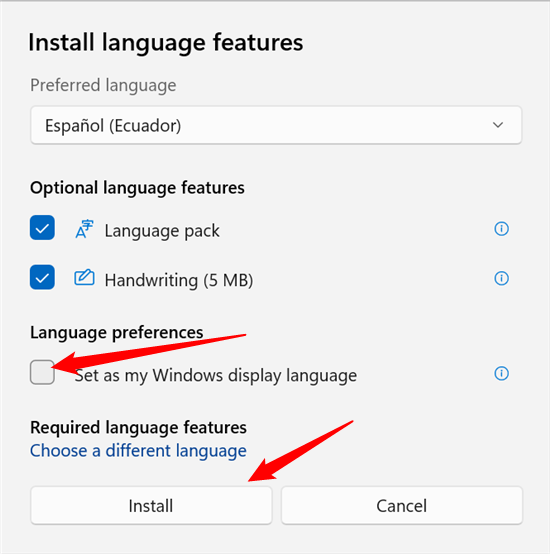 Отметьте «Установить как язык интерфейса Windows», затем нажмите «Установить».