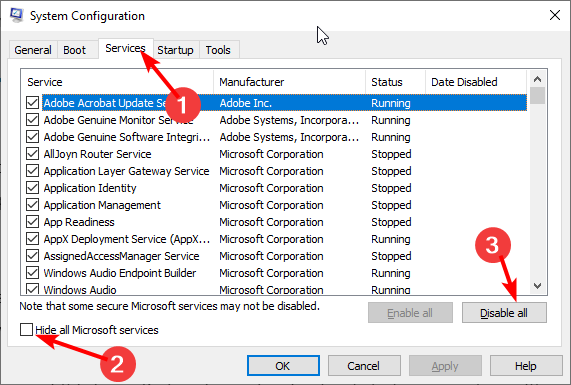Вкладка 'Службы' в конфигурации системы с опцией скрыть службы Microsoft