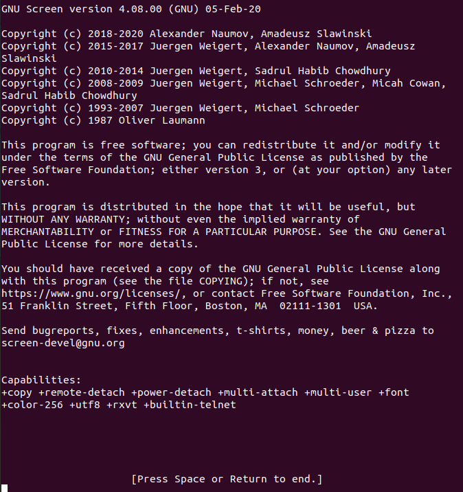 Сплэш-экран GNU Screen с подсказками управления