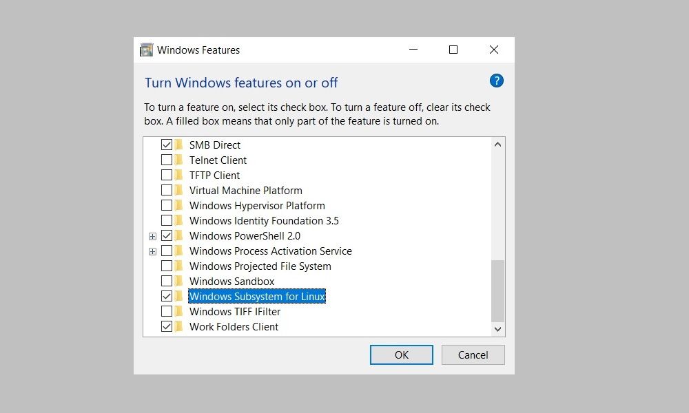 Элемент «Подсистема Windows для Linux» на странице компонентов Windows