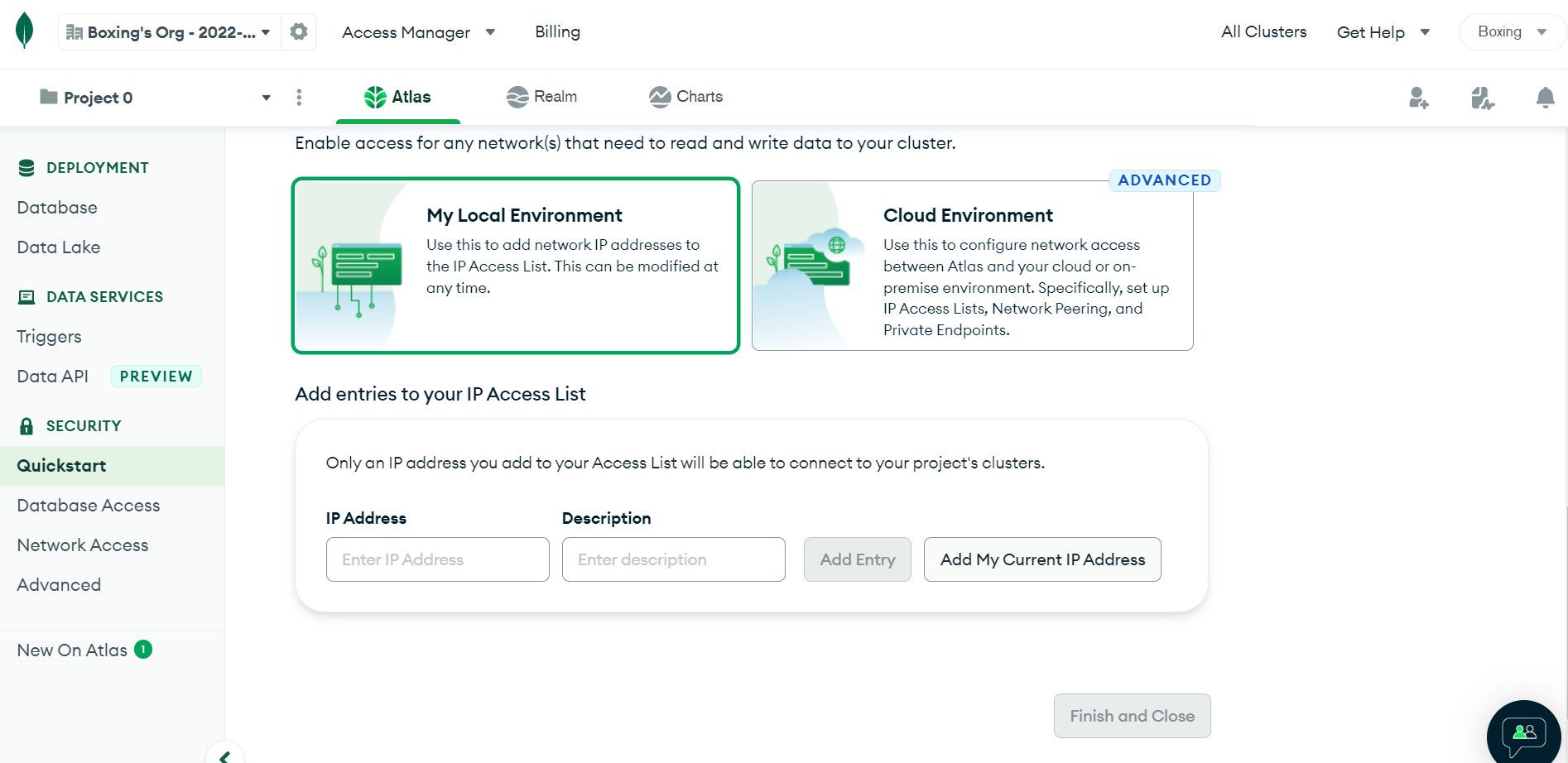 Раздел добавления IP-адреса в список доступа к кластеру