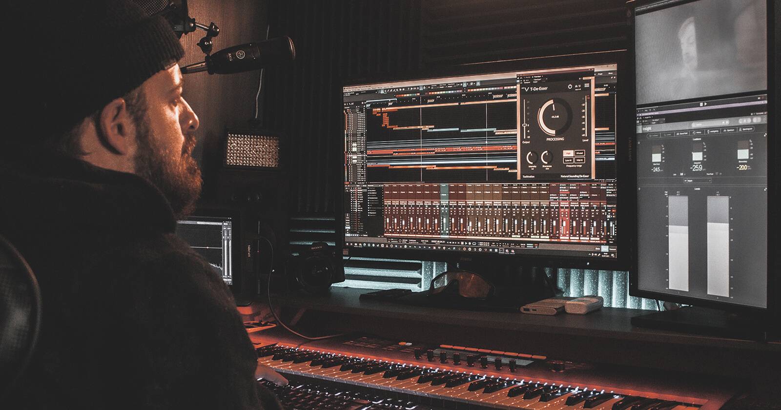 Мужчина монтирует аудио