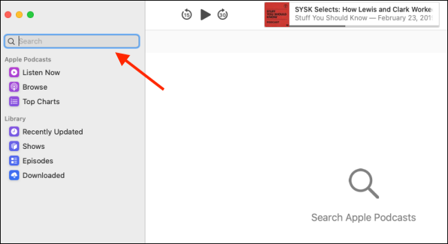 Поле Поиск в приложении «Подкасты»