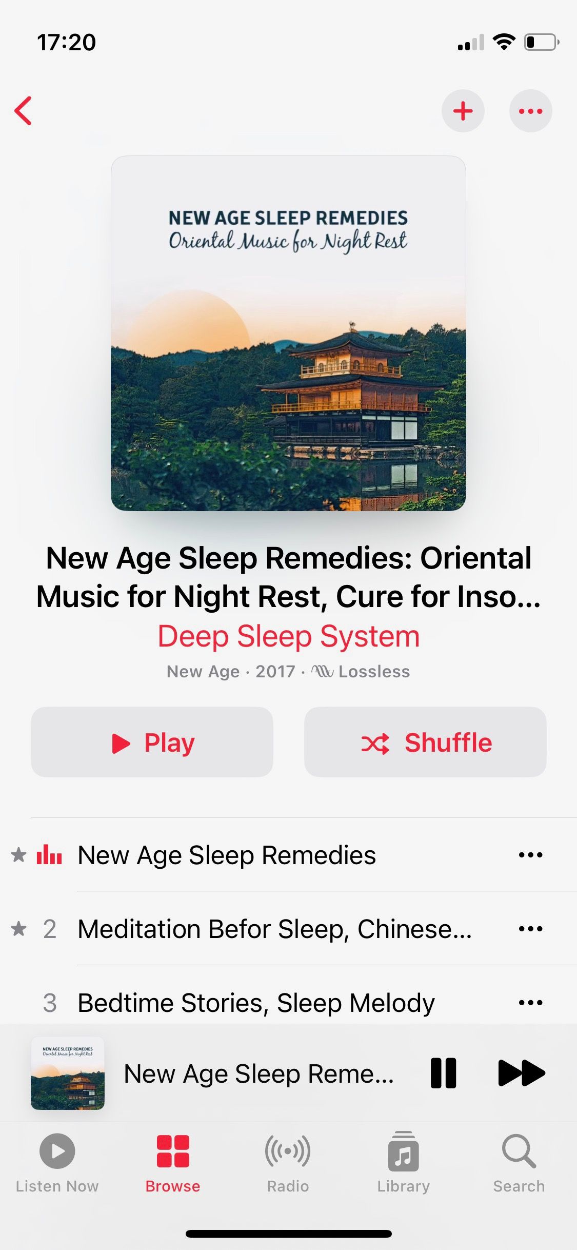 Скриншот плейлиста New Age Sleep Remedies в Apple Music Wellbeing