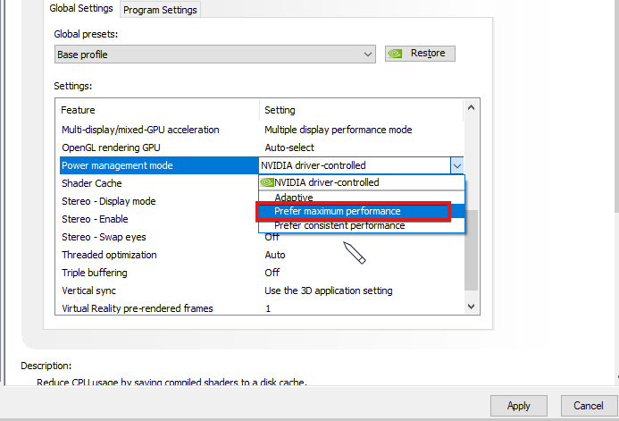 Режим управления питанием — максимальная производительность