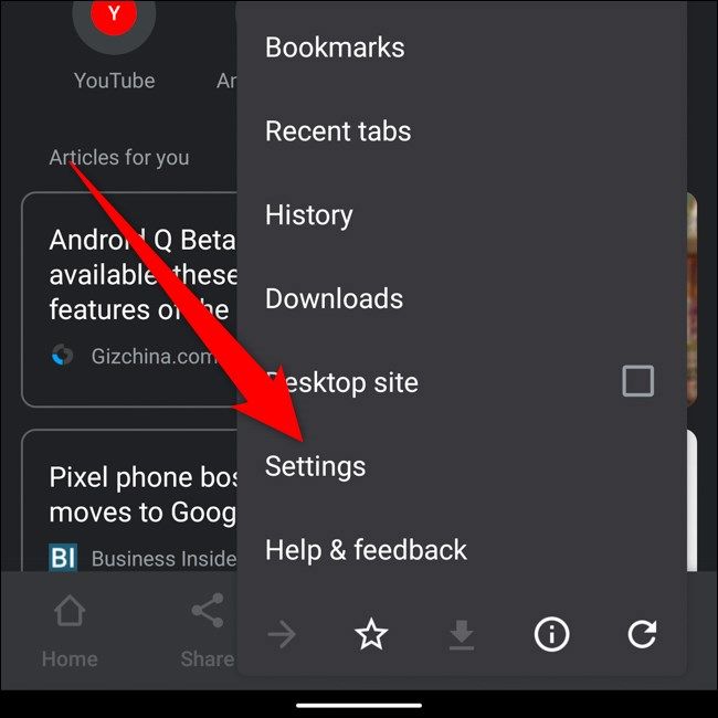 Android Google Chrome Tap Settings