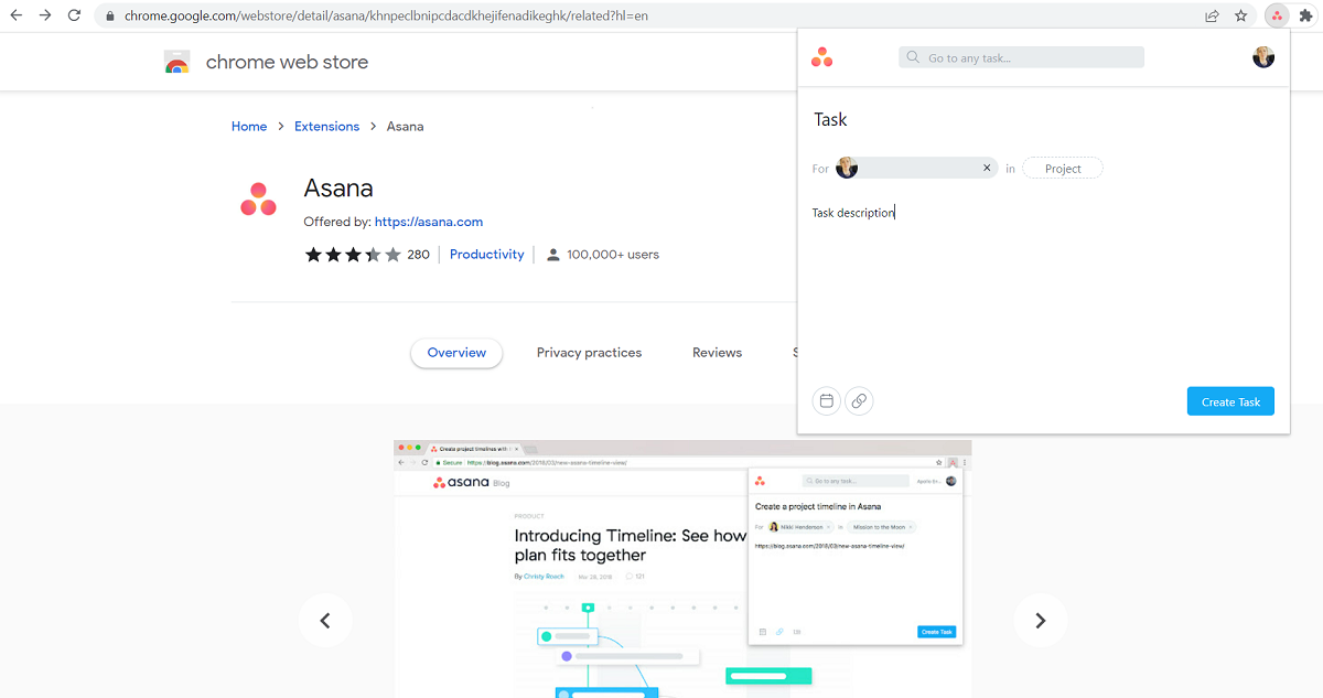 Окно расширения Asana с созданием задачи