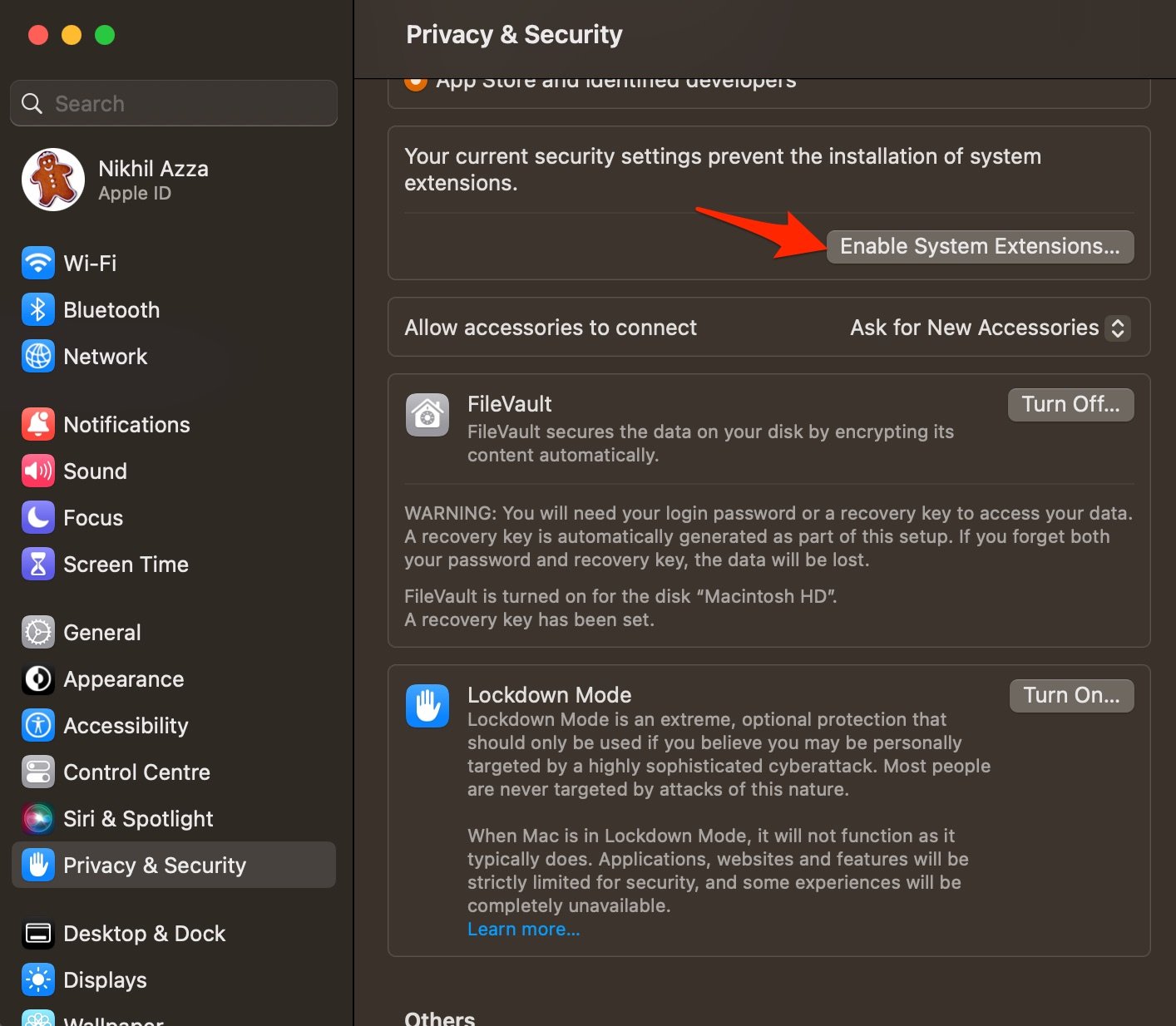 Включение системных расширений