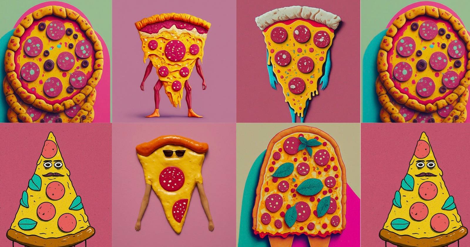 Коллаж красочных иллюстраций пиццы, созданных с помощью ImageFX от Google