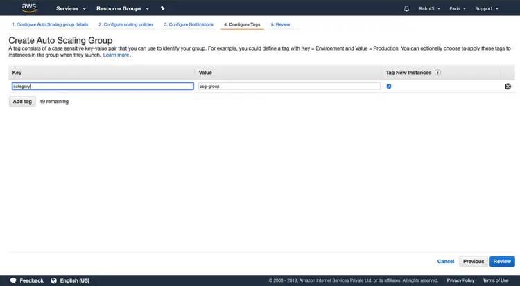 Страница добавления тегов для ASG
