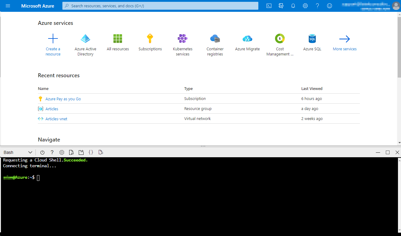 Подключён Bash-терминал в портале Azure.