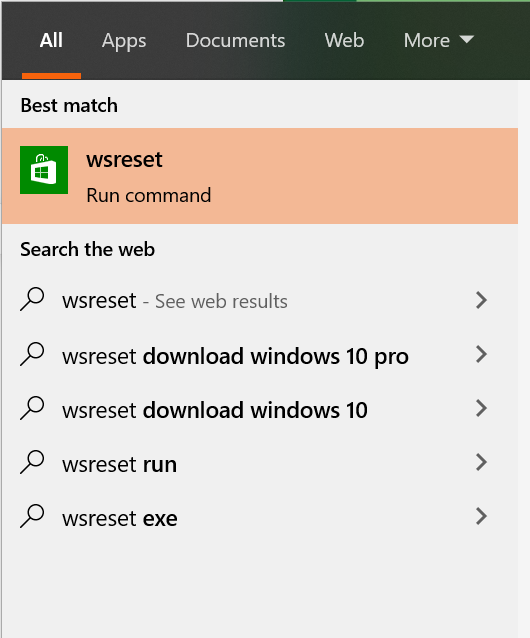 Esecuzione del comando wsreset per ripristinare la cache del Microsoft Store