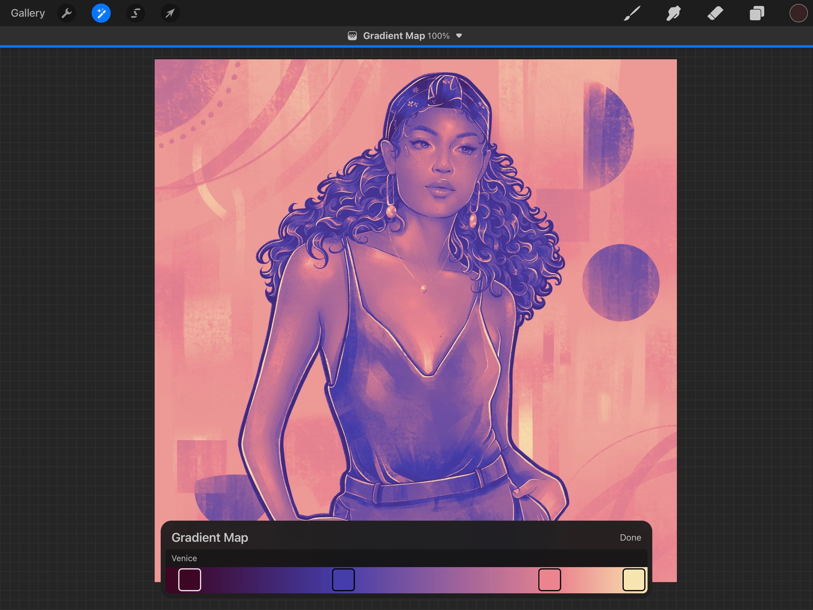 Скриншот с примером пользовательских настроек Gradient Map в Procreate