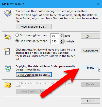 Кнопка Empty для очистки папки Deleted Items в диалоге Mailbox Cleanup