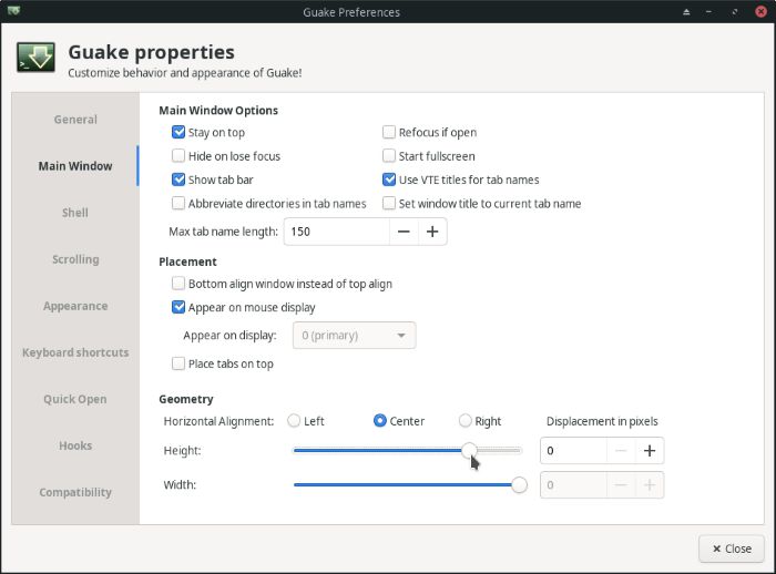 Опции главного окна Guake