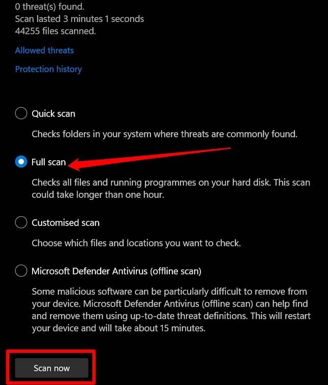 Выбор полного сканирования в Windows 11