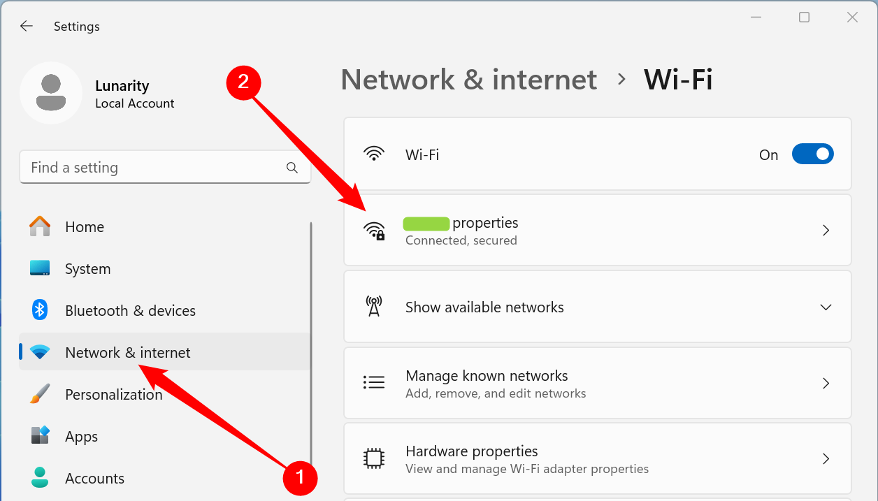 Кнопка «Свойства Wi‑Fi» в параметрах сети