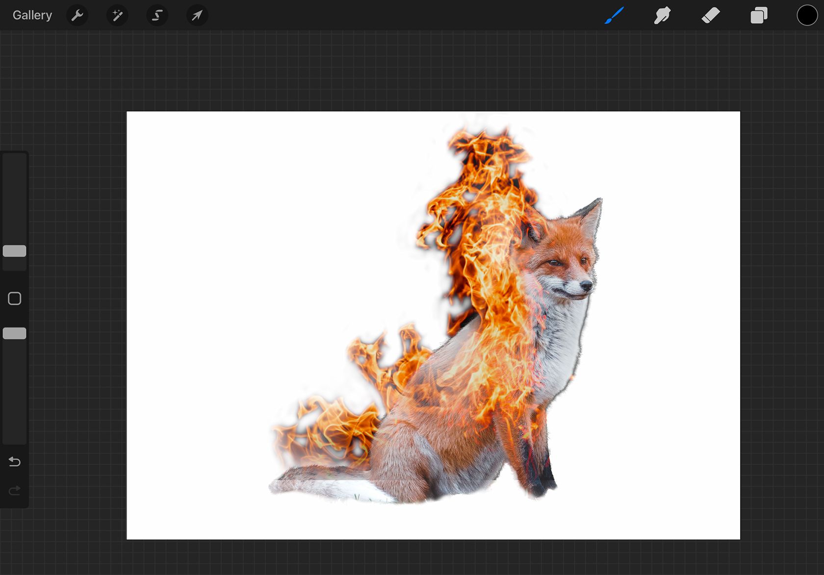 Фактурное слияние огня и лисы в Procreate.