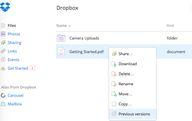 Меню истории версий в облачном сервисе