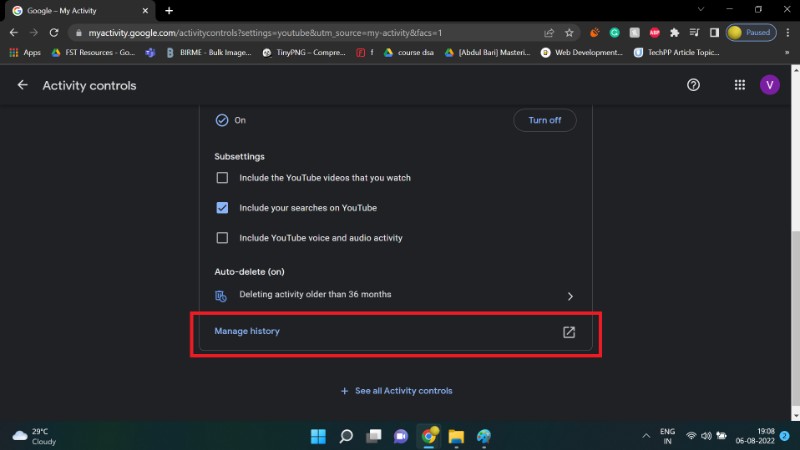 Lista detallada de entradas del historial de YouTube con opciones para filtrar
