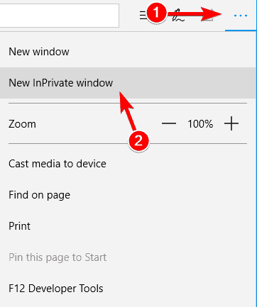 Окно Edge с опцией InPrivate