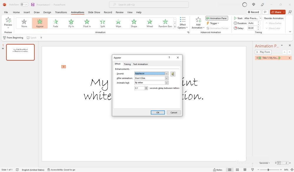 Параметры анимации: по буквам и задержка