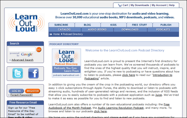 Каталог образовательных подкастов LearnOutLoud с категориями тем