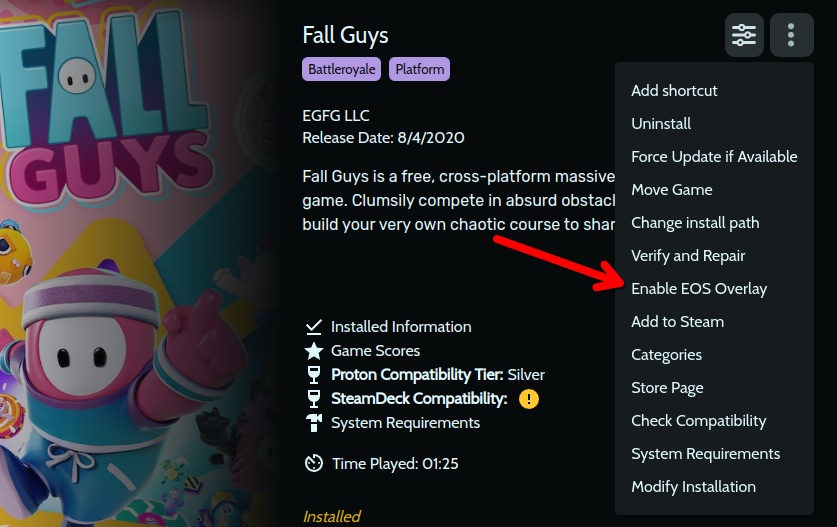 Страница запуска Fall Guys в Heroic с указанием опции Enable EOS Overlay.