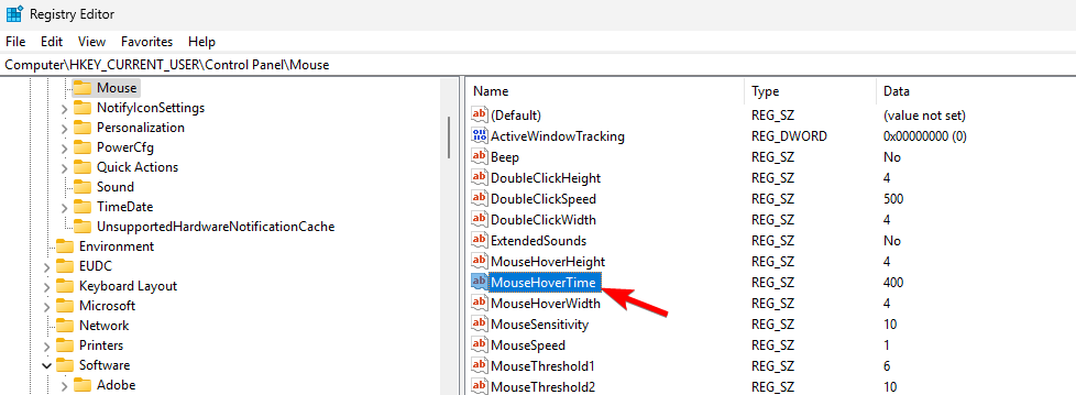 Параметр MouseHoverTime в реестре